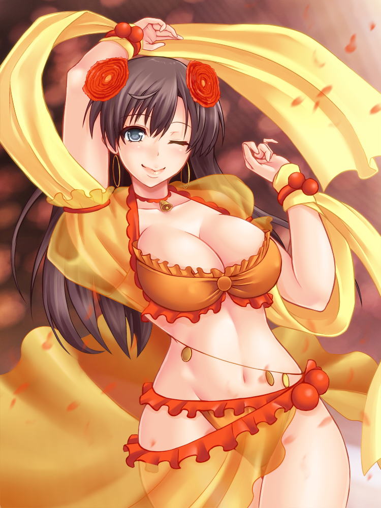 1girl, ;), arm_up, bell, blue_eyes, bracelet, breasts, brown_hair