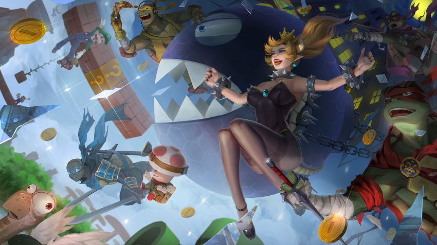 1girl, 6+boys, ?, ?_block, armor, armpits, backpack, bag