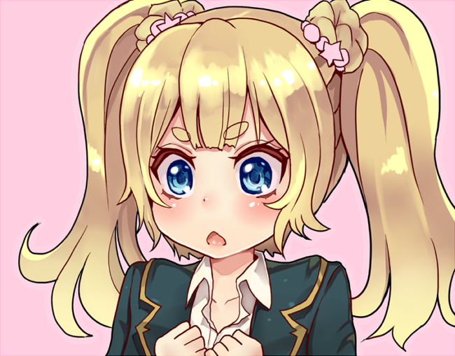 1girl, bangs, blonde_hair, blue_eyes, clenched_hands, ganbaruzoi, hair_ornament, long_hair, open_mouth, original, school_uniform, serafuku, simple_background, twintails, upper_body, yukinojou_yakan