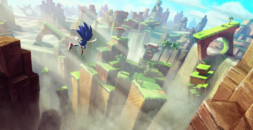 1boy, canyon, concept_art, falling, green_hill_zone, hedgehog, highres, official_art