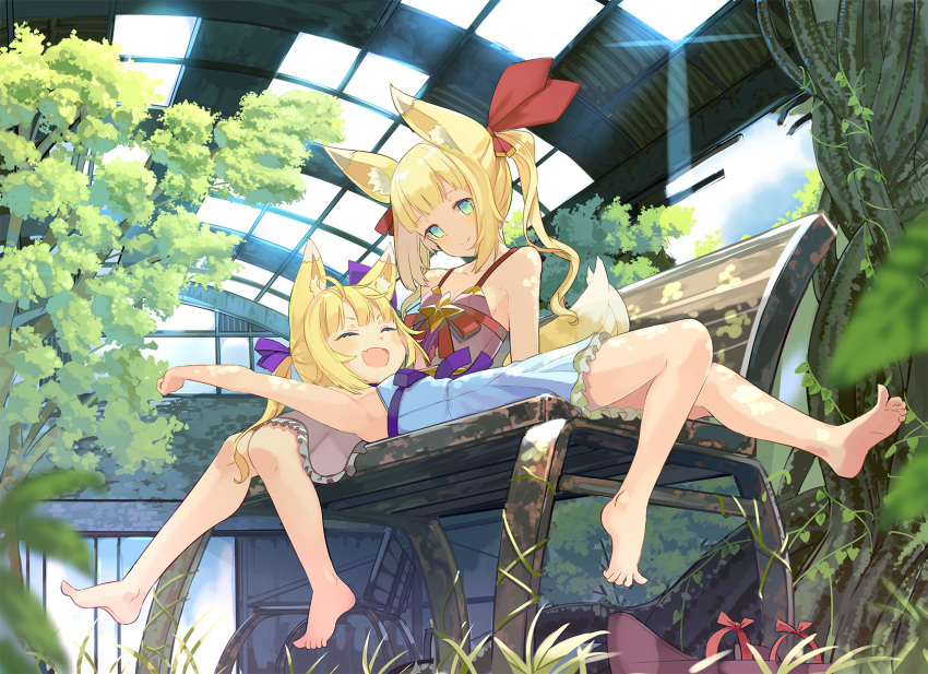 2girls, ^_^, ^o^, animal_ear_fluff, animal_ears, arm_up, armpits, bangs, bare_arms, bare_shoulders, barefoot, bench, blonde_hair, blue_dress, blurry, blurry_foreground, blush, breasts, closed_eyes, closed_eyes, closed_mouth, dappled_sunlight, day, depth_of_field, dress, fang, fox_ears, fox_tail, full_body, grass, green_eyes, hair_ribbon, happy, highres, knees_together_feet_apart, lap_pillow, long_hair, lying, multiple_girls, nekoglasses, official_art, on_back, on_bench, open_mouth, pink_dress, plant, purple_ribbon, red_ribbon, ribbon, sandals, sandals_removed, sidelocks, sitting, sleeveless, sleeveless_dress, small_breasts, smile, stretch, sunlight, tail, torikago_scrap_march, tree, twintails, vines