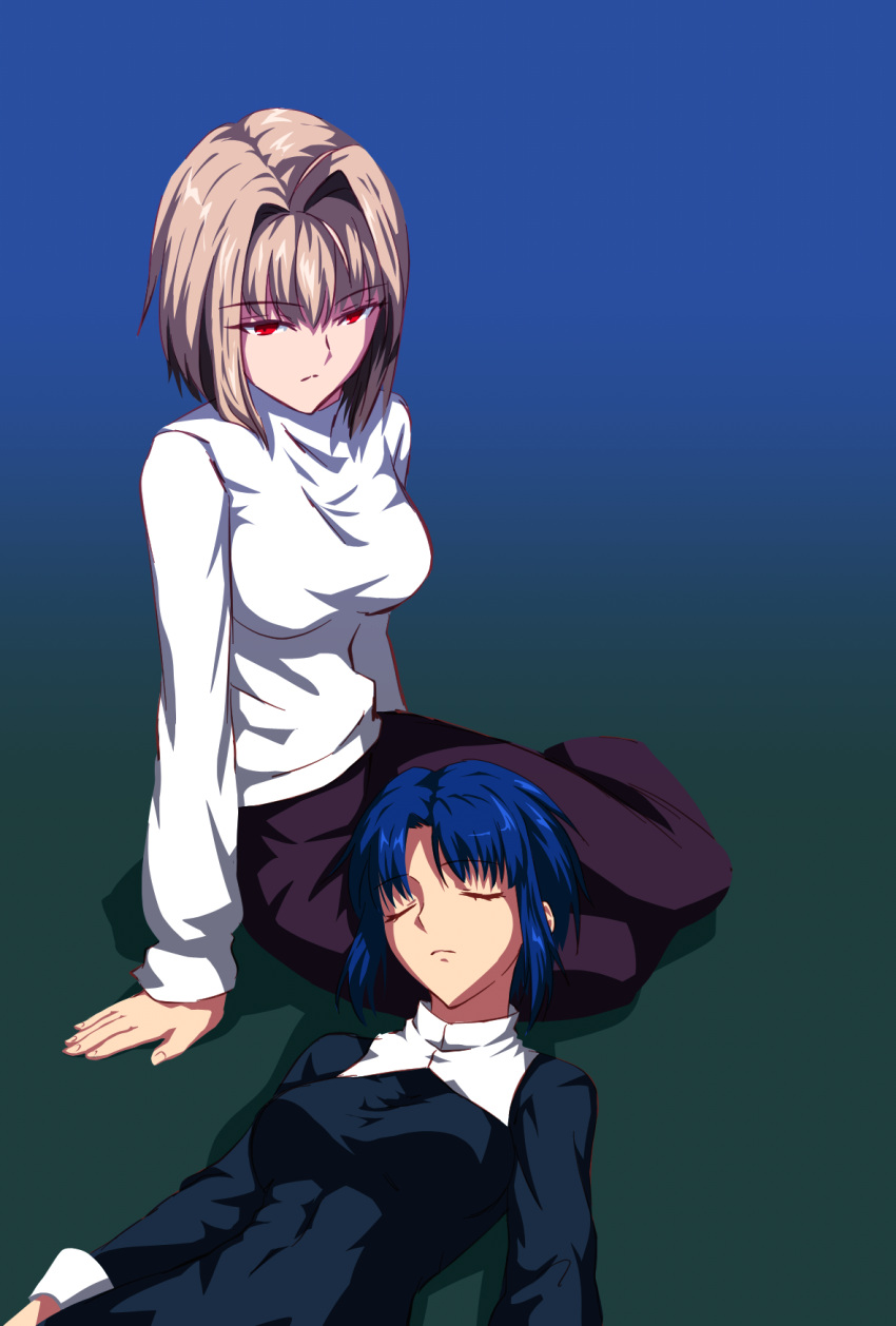 2girls, arcueid_brunestud, arm_support, blue_hair, breasts, brown_hair, ciel, closed_eyes