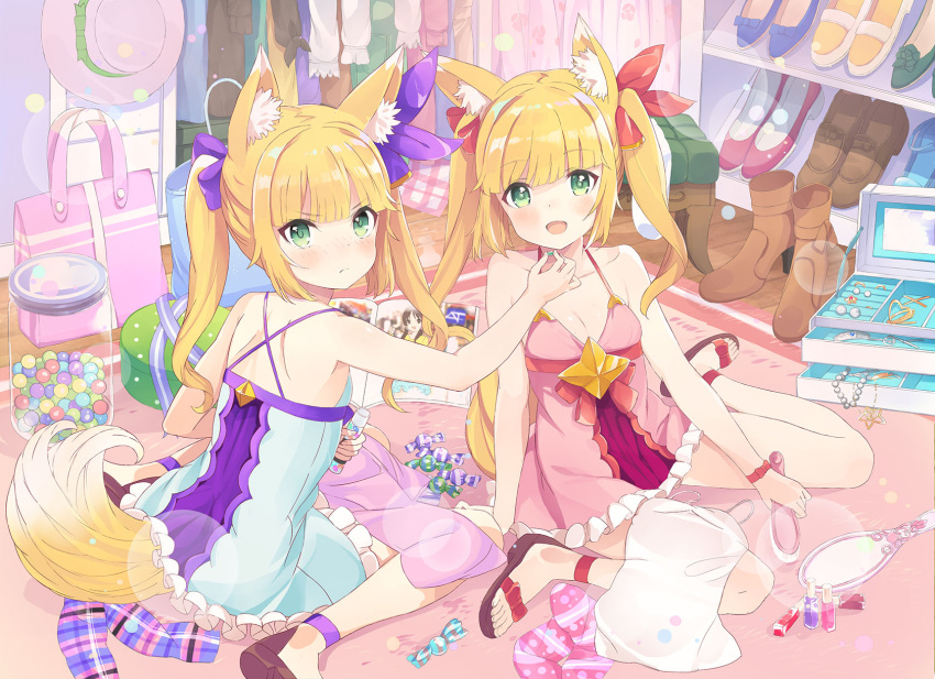 >:(, 2girls, :d, animal_ear_fluff, animal_ears, bag, bare_arms, bare_shoulders, blonde_hair, blue_dress, blue_footwear, blush, boots, boots_removed, bow, box, breasts, brown_footwear, brown_hat, candy_wrapper, closed_mouth, collarbone, criss-cross_halter, dress, feeding, fox_ears, fox_girl, fox_tail, frilled_dress, frills, green_eyes, green_footwear, hair_bow, hair_brush, hair_ribbon, halterneck, hand_mirror, hat, hat_removed, head_tilt, headwear_removed, high_heel_boots, high_heels, highres, holding, indoors, jar, jewelry, jewelry_box, loafers, looking_at_viewer, looking_back, magazine, mirror, multiple_girls, nail_polish_bottle, necklace, nose_blush, official_art, open_mouth, pearl_necklace, pink_dress, plastic_bag, purple_bow, purple_ribbon, red_bow, red_footwear, red_ribbon, ribbon, ring, sandals, shoes, shoes_removed, shopping_bag, shoulder_blades, sitting, sleeveless, sleeveless_dress, small_breasts, smile, tail, tetsujin_momoko, toenails, torikago_scrap_march, transparent, twintails, v-shaped_eyebrows, wariza, white_footwear