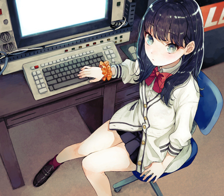 1girl, black_hair, blue_eyes, bow, bowtie, cardigan, chair, computer