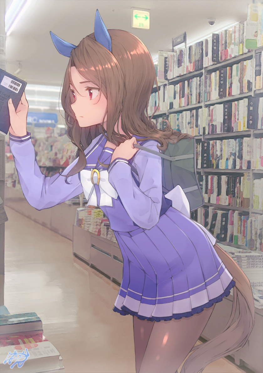 1girl, animal_ears, bag, black_legwear, book, bookshelf, brown_hair, closed_mouth