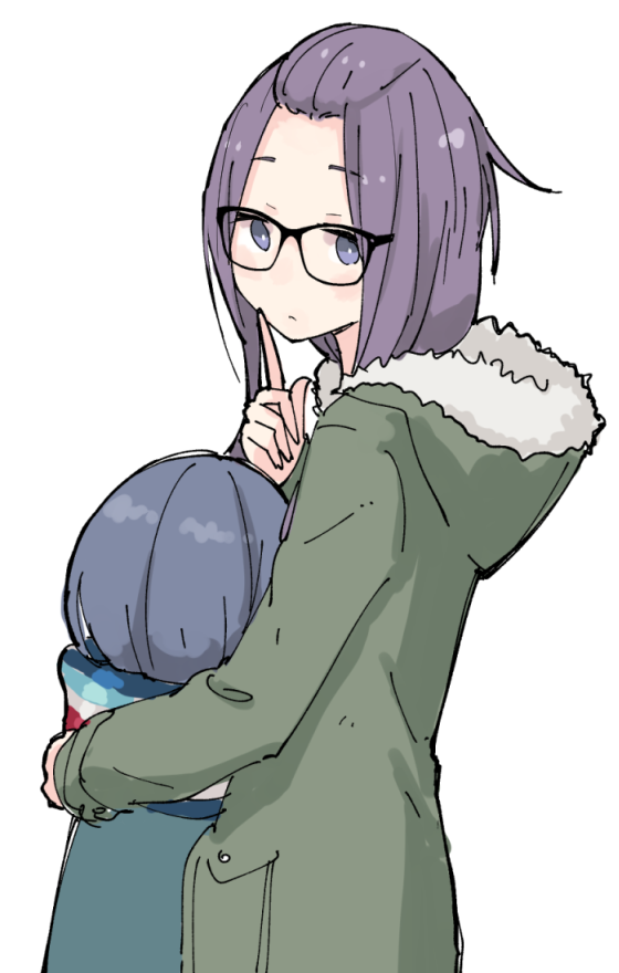 2girls, bangs_pinned_back, blue_hair, blush, finger_to_mouth, glasses, hug, jacket