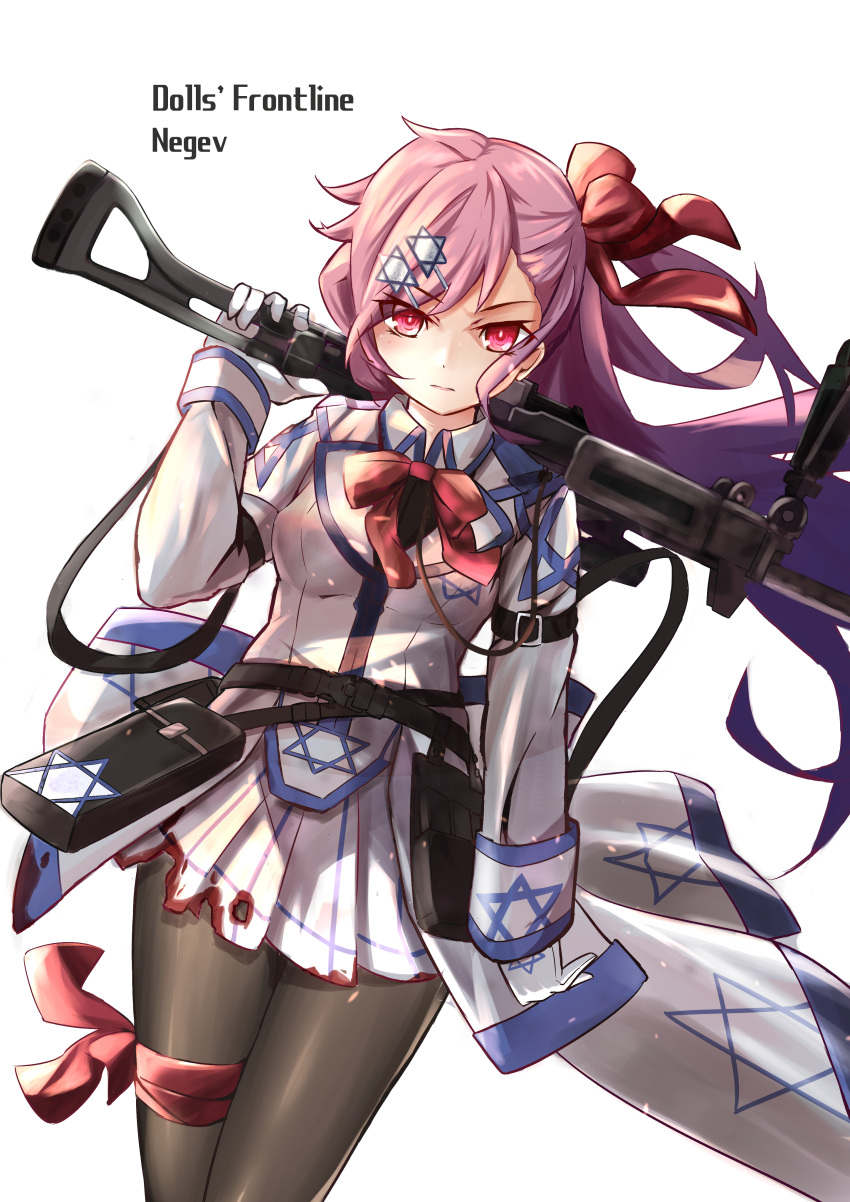1girl, absurdres, arm_strap, bangs, black_legwear, blood, bloody_clothes, bow