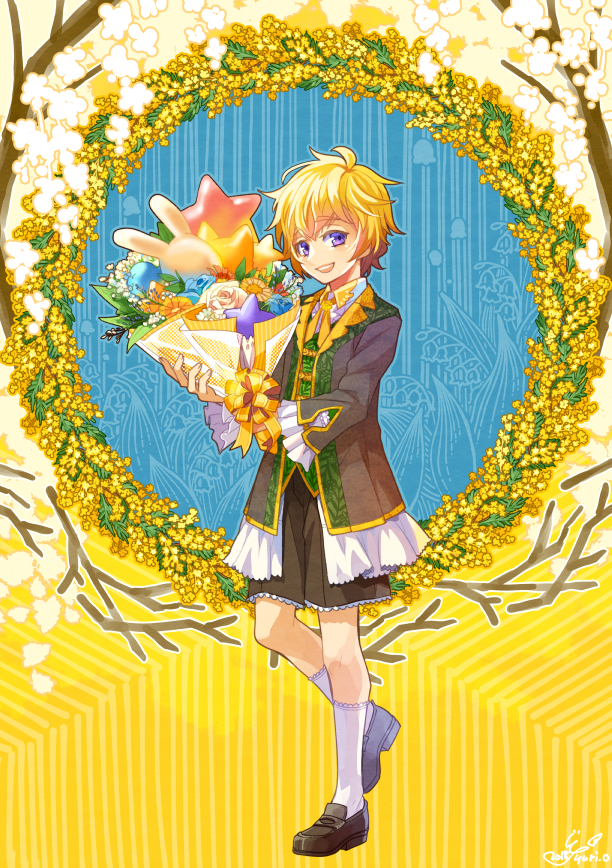 1boy, :d, artist_name, balloon, blonde_hair, brown_footwear, colornix, dated, flower, lily_of_the_valley, looking_at_viewer, male_focus, open_mouth, original, penny_loafers, personification, shorts, smile, violet_eyes, white_legwear, wreath, yellow_background, yellow_flower
