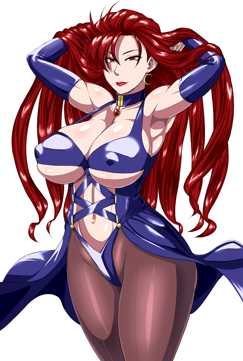 1girl, armpits, arms_up, choker, covered_nipples, earrings, elbow_gloves, gloves