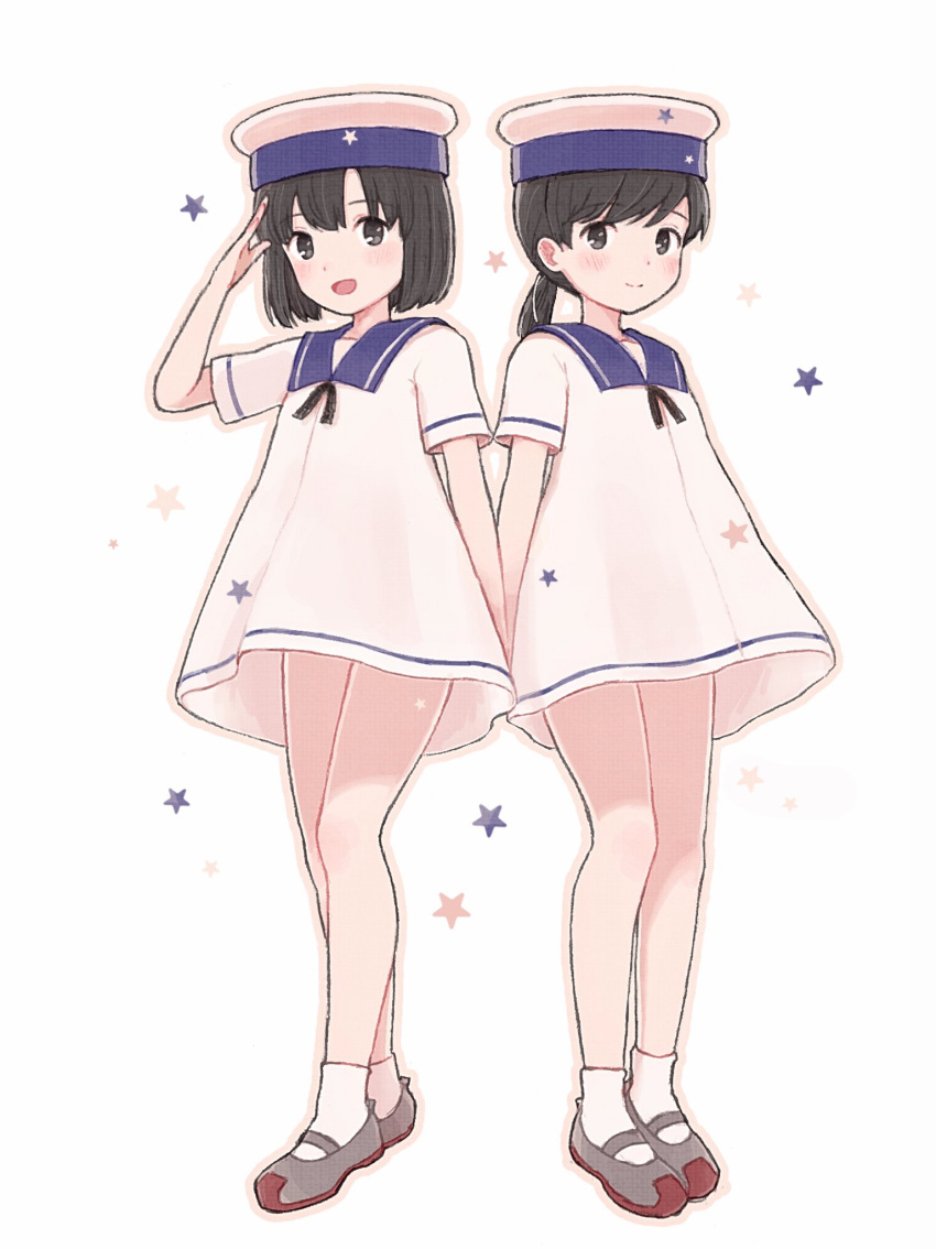2girls, :d, black_eyes, black_hair, commentary_request, copyright_request, daitou_(kantai_collection), dress