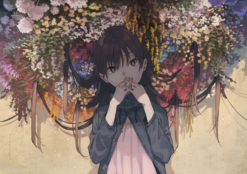 1girl, ahoge, bangs, blue_coat, blue_eyes, bright_pupils, brown_hair, coat