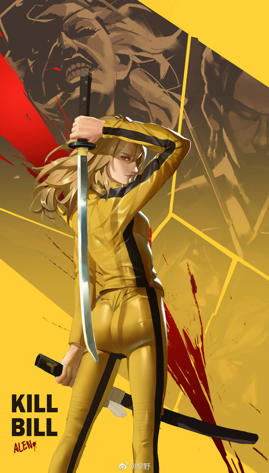 1girl, alien_li, artist_name, beatrix_kiddo, blonde_hair, bruce_lee's_jumpsuit, copyright_name, elle_driver, highres, katana, kill_bill, looking_back, o-ren_ishii, red_eyes, solo, standing, sword, weapon