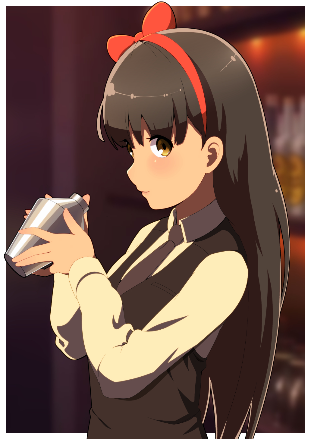 1girl, bar, bartender, black_hair, black_neckwear, black_vest, blurry, blurry_background