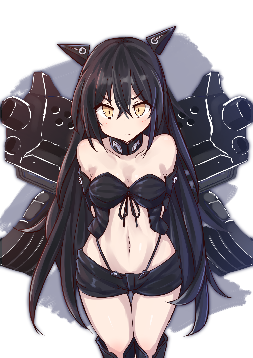 >:(, 1girl, arms_behind_back, bangs, bare_shoulders, black_footwear, black_hair, black_shorts