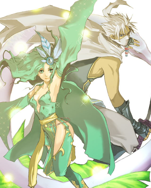 blue_eyes, breasts, cape, cleavage, edward_geraldine, final_fantasy, final_fantasy_iv, green_eyes