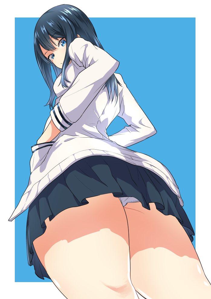 1girl, ass, blue_eyes, blue_hair, cardigan, from_below, hands_in_pockets, long_sleeves