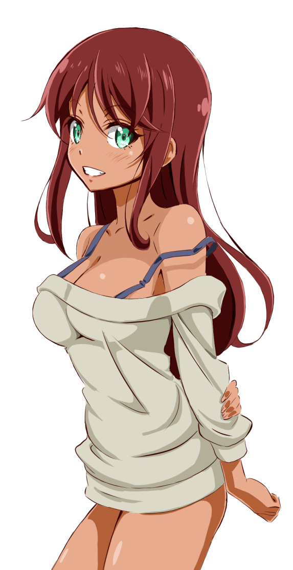 1girl, alice_gear_aegis, arms_behind_back, bangs, bare_shoulders, blush, bottomless, breasts, brown_hair, cleavage, cowboy_shot, dark_skin, green_eyes, holding_arm, kaneshiya_sitara, large_breasts, long_hair, ngv3553, simple_background, smile, solo, strap_slip, sweater, teeth, white_background