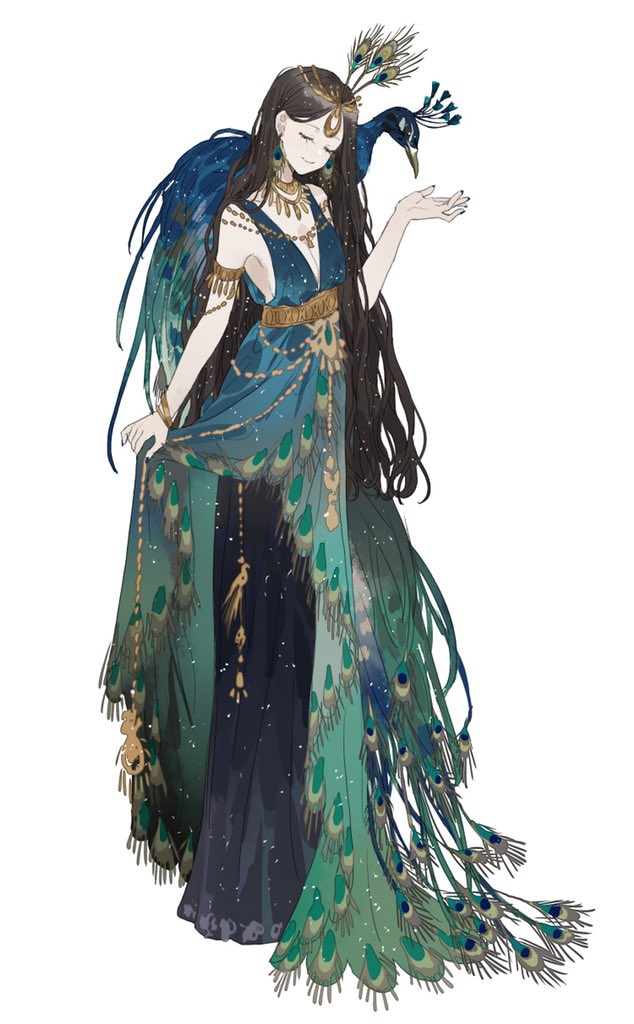 1girl, animal, animal_on_shoulder, bird, bird_on_shoulder, bity3155660241, blue_dress, bracelet, brown_hair, circlet, closed_eyes, dress, earrings, full_body, gold, gradient_dress, green_dress, hair_ornament, jewelry, long_hair, necklace, original, peacock, peacock_feathers, sleeveless, sleeveless_dress, solo, very_long_hair, white_background
