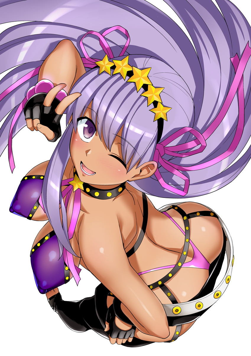 1girl, ass, bb_(fate)_(all), bb_(swimsuit_mooncancer)_(fate), belt, bikini, black_gloves, blush, boots, bouncing_breasts, breasts, collar, commentary_request, covered_nipples, fate/grand_order, fate_(series), fingerless_gloves, garters, gloves, gyaru, hair_ornament, hair_ribbon, haruhisky, highres, large_breasts, long_hair, loose_belt, micro_shorts, one_eye_closed, open_mouth, open_toe_boots, parted_lips, pink_bikini_bottom, purple_bikini_top, purple_hair, purple_ribbon, ribbon, shorts, solo, star, star_hair_ornament, studded_belt, studded_collar, swimsuit, tan, thigh-highs, thigh_boots, thong_bikini, v, very_long_hair, violet_eyes, white_background