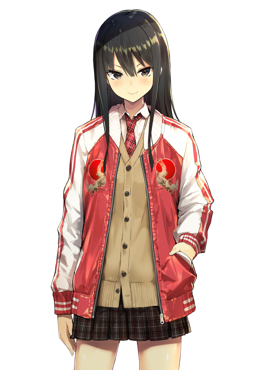 >:), 1girl, arm_at_side, bangs, black_eyes, black_hair, black_skirt, blush