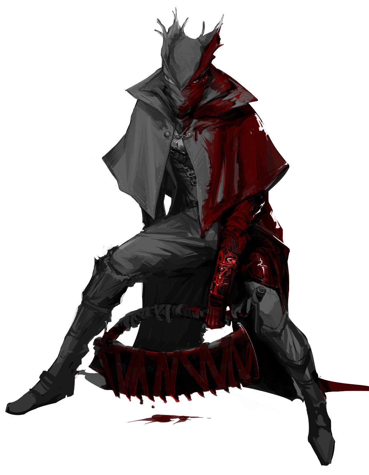 1boy, blood, bloodborne, bloody_clothes, bloody_weapon, covering_face, dripping, hat