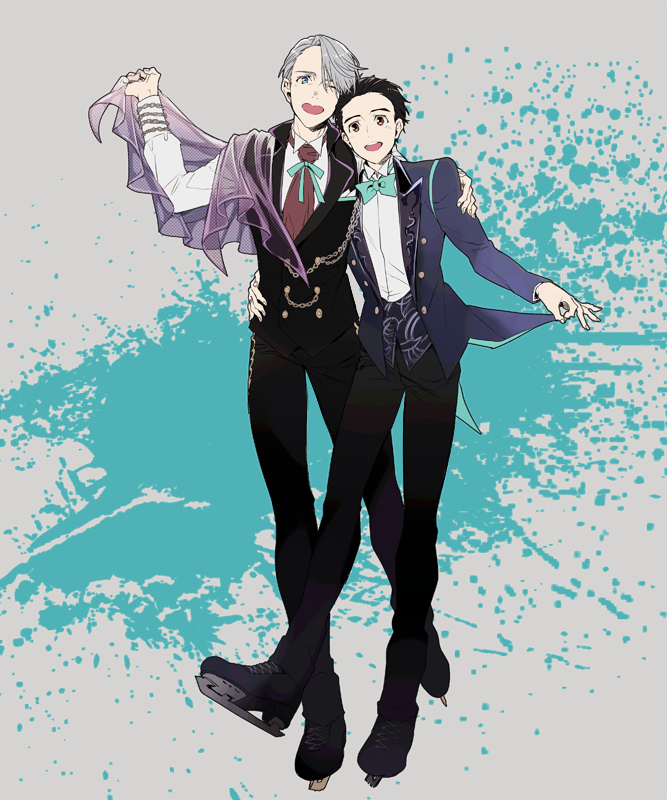 2boys, ;d, black_hair, blue_eyes, bow, bowtie, brown_eyes, hand_on_another's_hip
