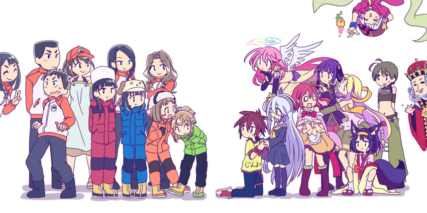 5boys, 6+girls, angel_wings, animal_ears, animal_hat, blonde_hair, brown_hair, character_request