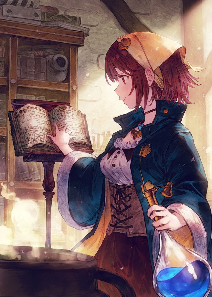1girl, atelier_(series), atelier_sophie, bangs, benitama, blue_cloak, blue_coat, boiling