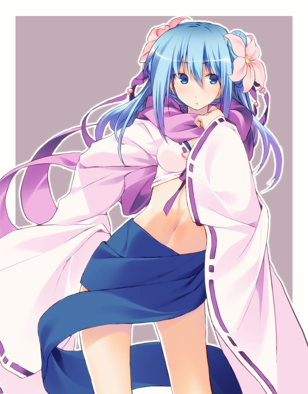 1girl, :<, blue_eyes, blue_hair, breasts, flower, hair_between_eyes, hair_flower