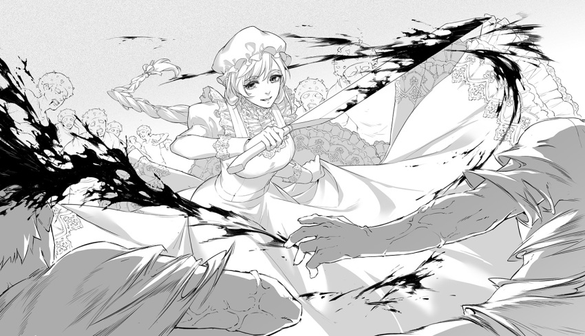 1girl, apron, blood, blood_splatter, braid, breasts, cleaver, dress