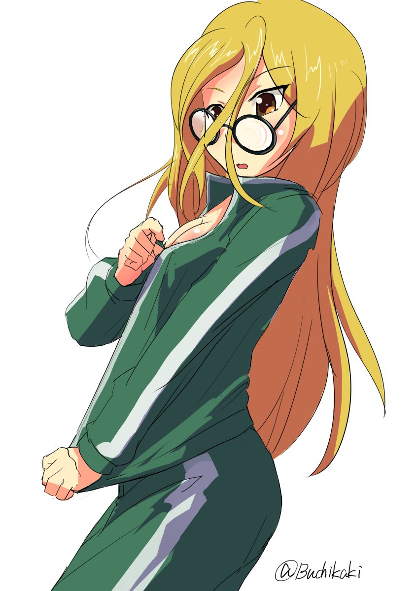1girl, alternate_costume, black-framed_eyewear, blonde_hair, breasts, brown_eyes, buchikaki, cleavage