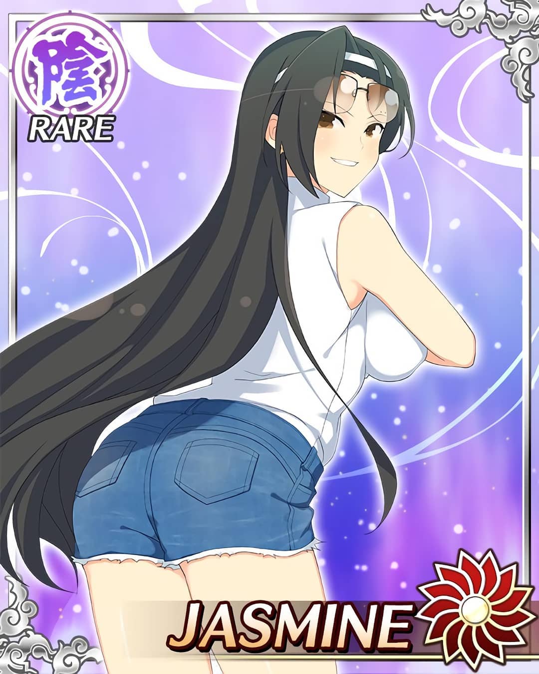 1girl, bare_legs, bare_shoulders, black_hair, blouse, breasts, brown_eyes, card_(medium)