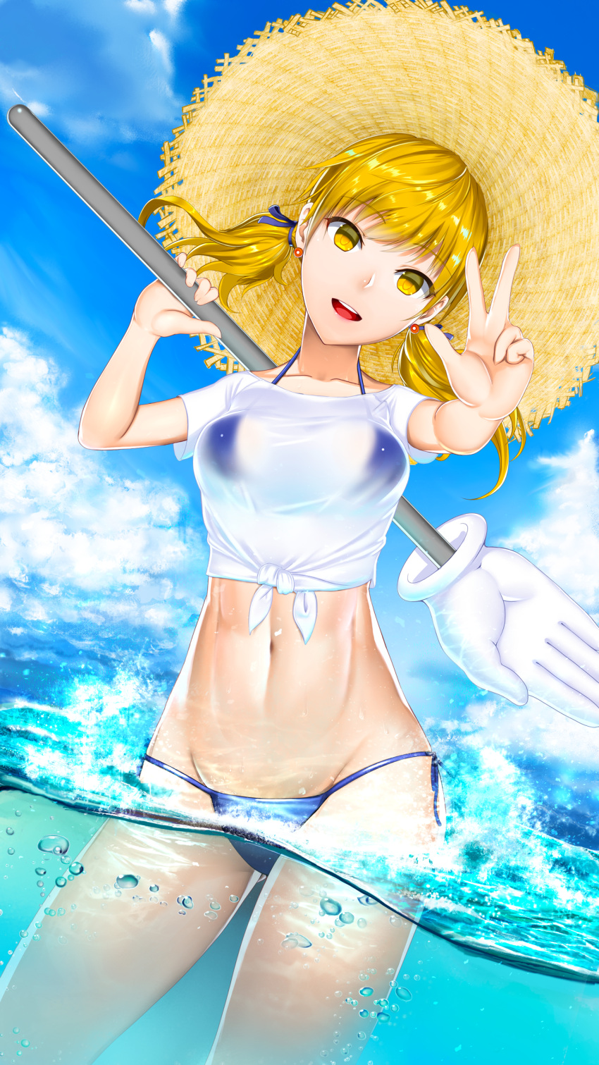 1girl, 1q_(madoromi_minority), absurdres, blonde_hair, breasts, commentary_request, giant_hand, groin