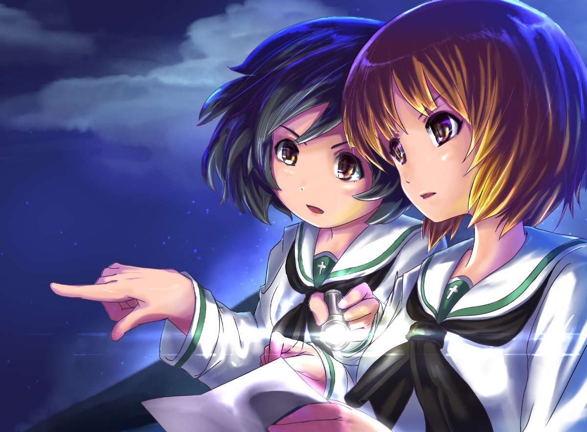akiyama_yukari, bangs, black_neckwear, blouse, brown_eyes, brown_hair, buchikaki, clouds