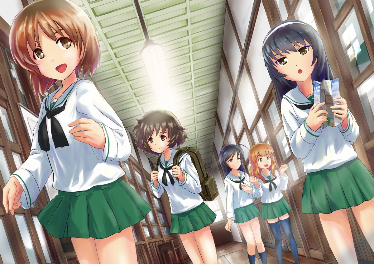 5girls, ahoge, akiyama_yukari, backpack, bag, bangs, black_eyes, black_hair
