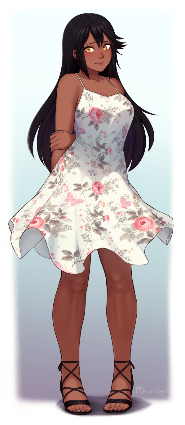 1girl, arms_behind_back, black_hair, blush, breasts, commission, dark_skin, dress