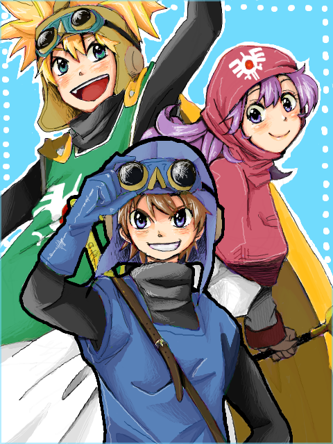 1girl, bodysuit, breasts, cape, closed_mouth, commentary_request, curly_hair, dragon_quest, dragon_quest_ii, dress, gloves, goggles, goggles_on_head, goggles_on_headwear, hat, hood, hood_up, karin_(karin85), long_hair, looking_at_viewer, multiple_boys, open_mouth, prince_of_lorasia, prince_of_samantoria, princess, princess_of_moonbrook, purple_hair, short_hair, smile, spiky_hair, staff, sword, violet_eyes, weapon