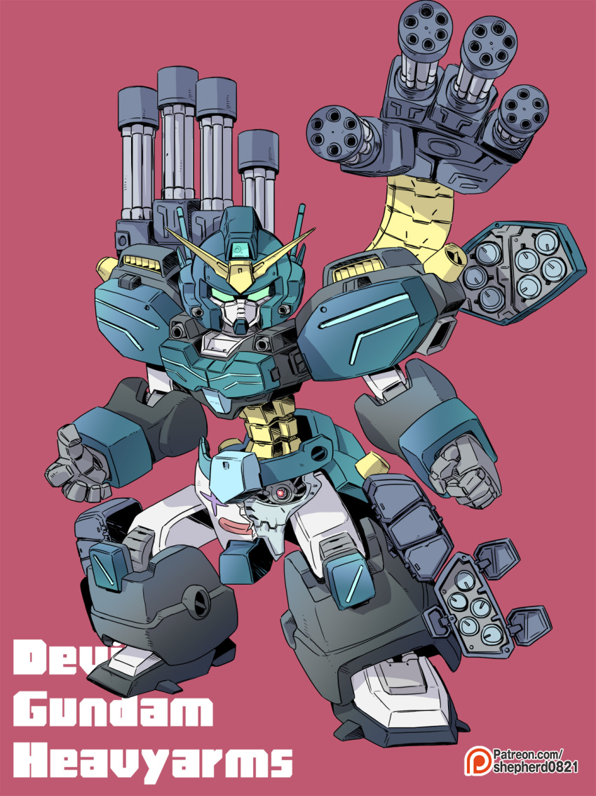 devil_gundam, green_eyes, gundam, gundam_heavyarms_custom, highres, m61_vulcan, mecha, missile_pod