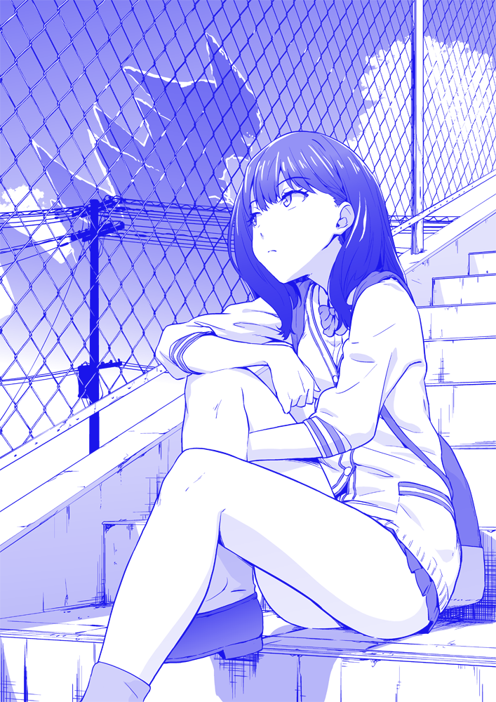 1girl, ass, bangs, cardigan, fence, gridman_(ssss), kujou_hyotarouo, long_hair, long_sleeves, looking_up, microskirt, monochrome, pleated_skirt, school_uniform, shirt, sitting, skirt, solo, ssss.gridman, stairs, takarada_rikka, telephone_pole, thighs