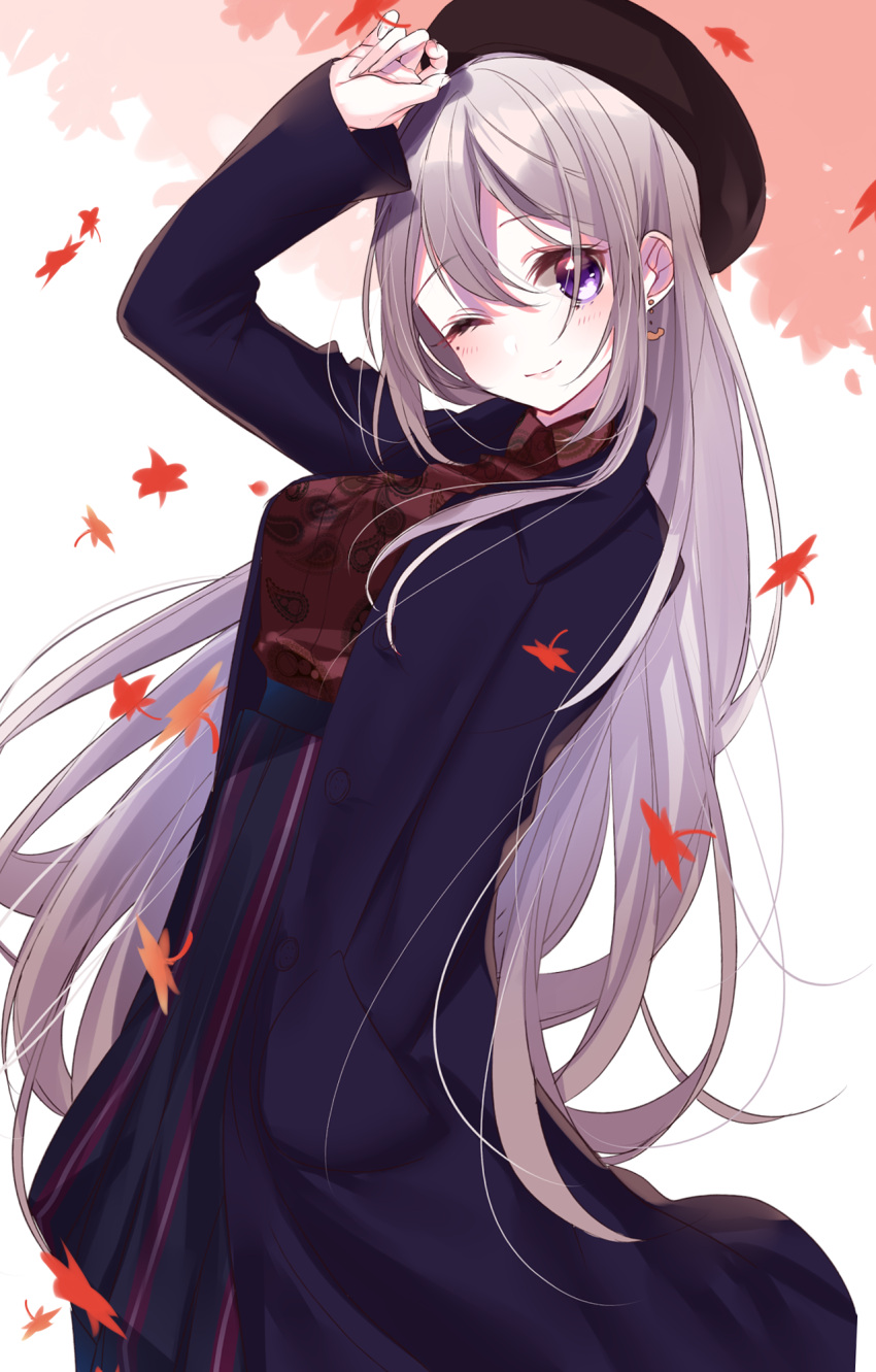 1girl, ;), arm_up, autumn_leaves, bangs, beret, blue_skirt, blush