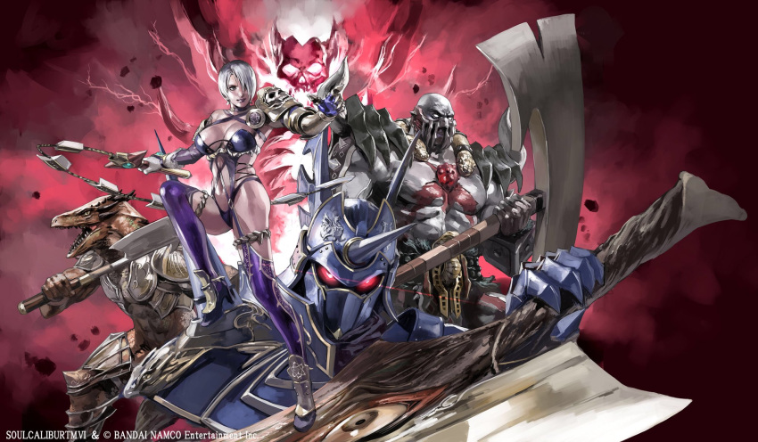 1girl, 4boys, astaroth_(soulcalibur), axe, highres, holding, holding_axe, holding_sword