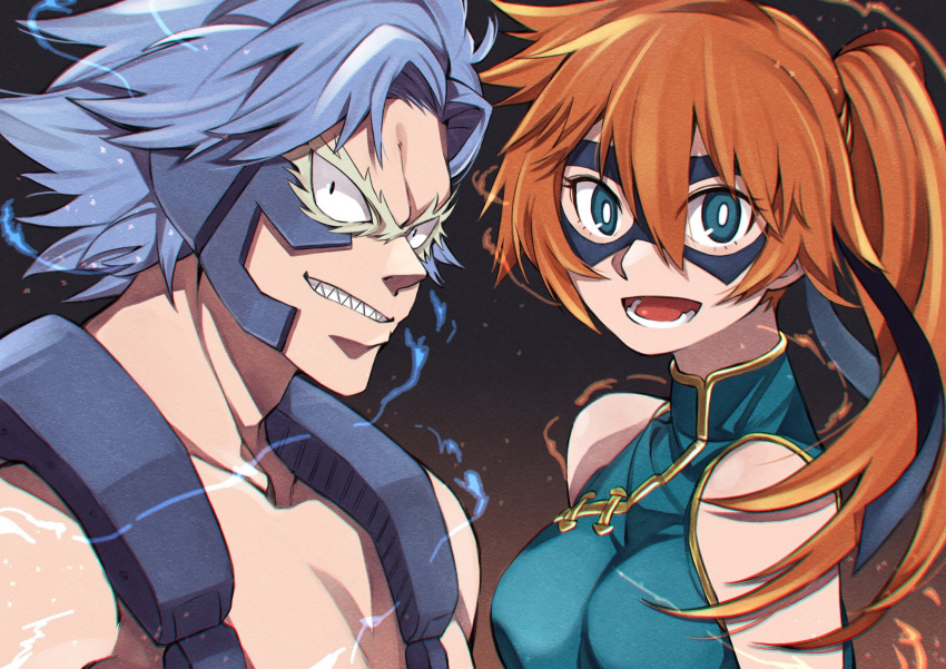 1boy, 1girl, blue_eyes, boku_no_hero_academia, brown_hair, china_dress, chinese_clothes, domino_mask