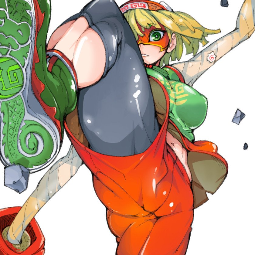 1girl, arms_(game), bangs, beanie, bike_shorts, blonde_hair, blunt_bangs, bob_cut