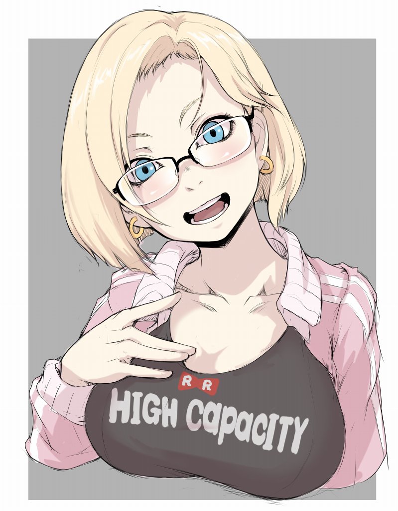 1girl, android_18, bangs, black-framed_eyewear, black_hair, blonde_hair, blue_eyes, breasts