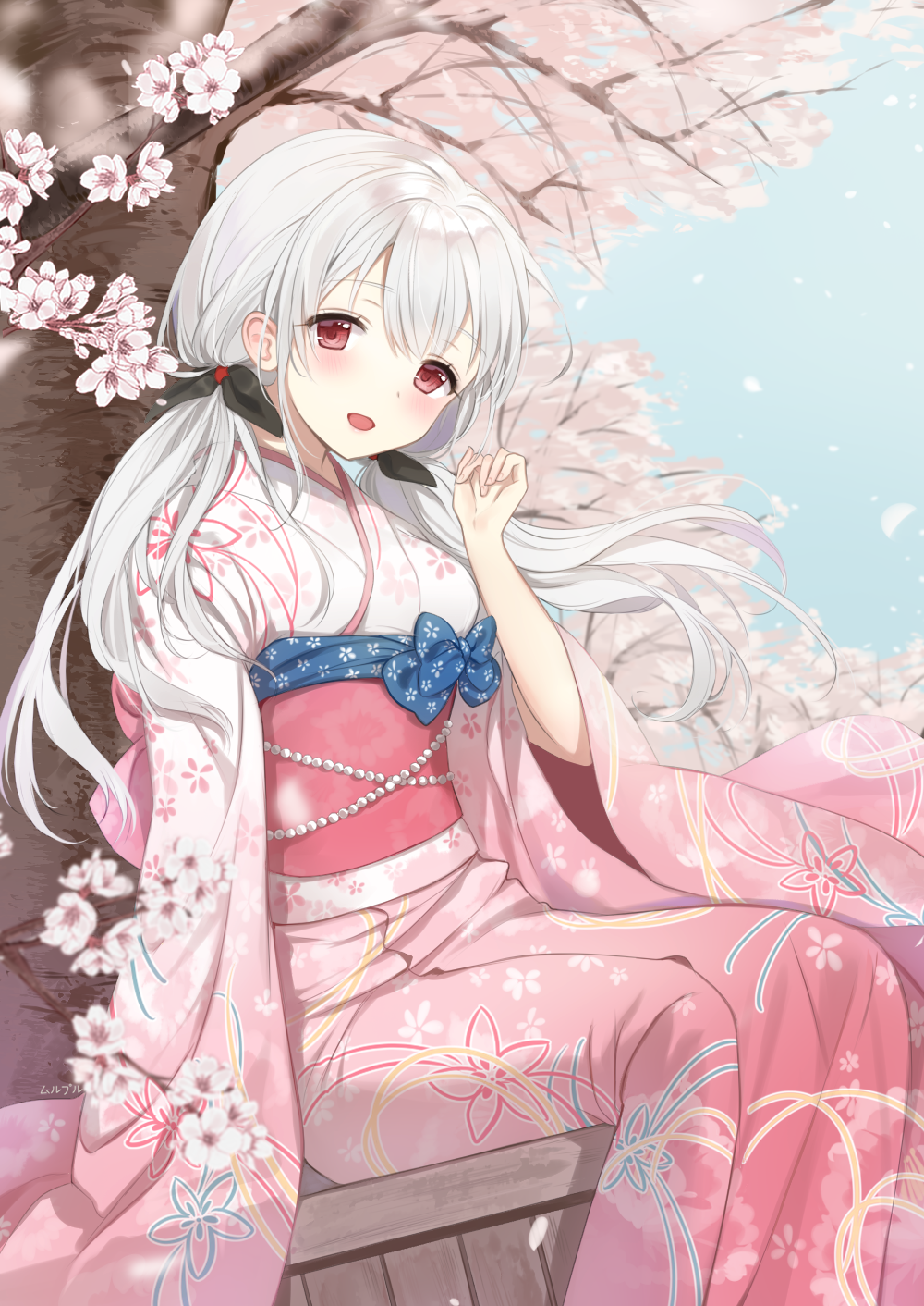 1girl, :d, bangs, black_ribbon, blue_bow, blue_sky, blush, bow, breasts, cherry_blossoms, commission, day, eyebrows_visible_through_hair, floral_print, flower, gradient, gradient_clothes, gradient_kimono, hair_between_eyes, hair_ribbon, hand_up, head_tilt, highres, japanese_clothes, kimono, long_hair, long_sleeves, looking_at_viewer, mullpull, obi, open_mouth, original, outdoors, pink_flower, pink_kimono, print_kimono, red_eyes, ribbon, sash, signature, silver_hair, sky, sleeves_past_fingers, sleeves_past_wrists, small_breasts, smile, solo, tree, very_long_hair, white_kimono, wide_sleeves