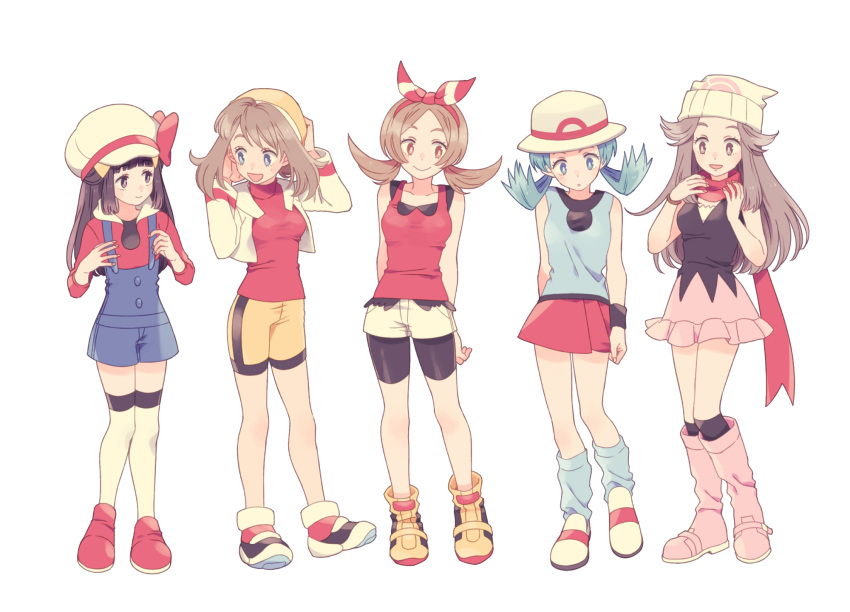 5girls, bike_shorts, blue_(pokemon), blue_hair, bow, brown_hair, cosplay, costume_switch