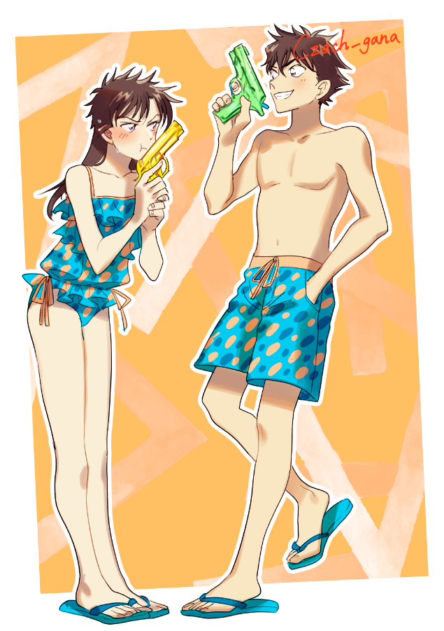 1boy, 1girl, :t, blue_eyes, blue_swimsuit, blush, brown_hair, casual_one-piece_swimsuit