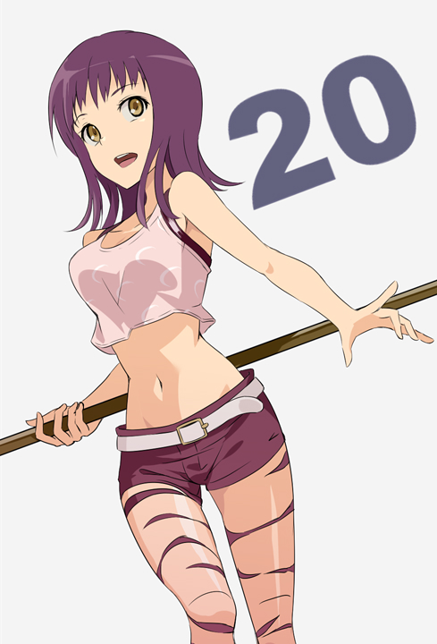 1girl, :d, breasts, collarbone, groin, holding, holding_weapon, itsuwa, jack-barro, long_hair, looking_at_viewer, medium_breasts, midriff, navel, open_mouth, pink_tank_top, polearm, purple_hair, purple_shorts, shiny, shiny_skin, short_shorts, shorts, simple_background, smile, solo, standing, stomach, to_aru_majutsu_no_index, weapon, white_background, yellow_eyes