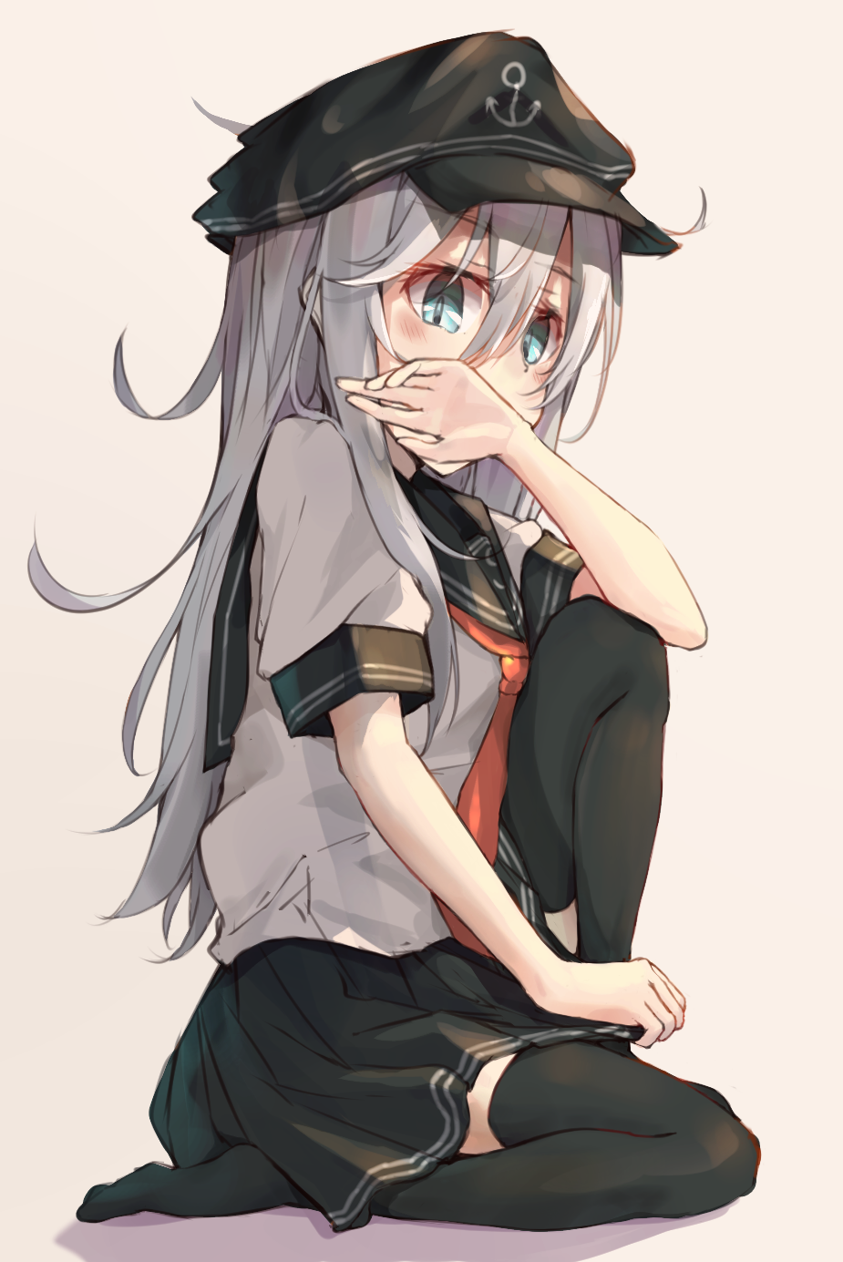 1girl, 8rk9, black_legwear, black_skirt, blue_eyes, flat_cap, hat, hibiki_(kantai_collection), highres, kantai_collection, long_hair, school_uniform, serafuku, shirt, short_sleeves, skirt, solo, thigh-highs, white_hair, white_shirt