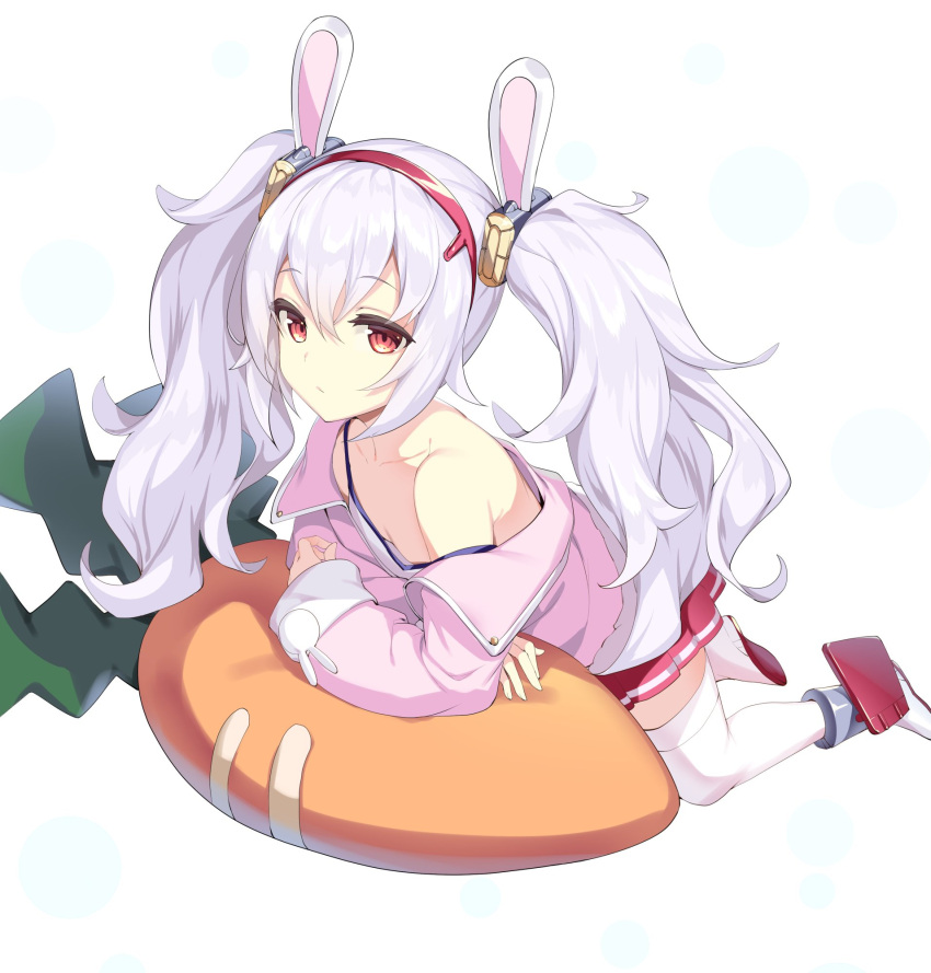 animal_ears, azur_lane, carrot_pillow, fake_animal_ears, hair_between_eyes, hairband, highres, ikomochi, jacket, laffey_(azur_lane), off_shoulder, pink_jacket, rabbit_ears, red_eyes, red_hairband, silver_hair, thigh-highs, twintails, white_camisole, white_legwear